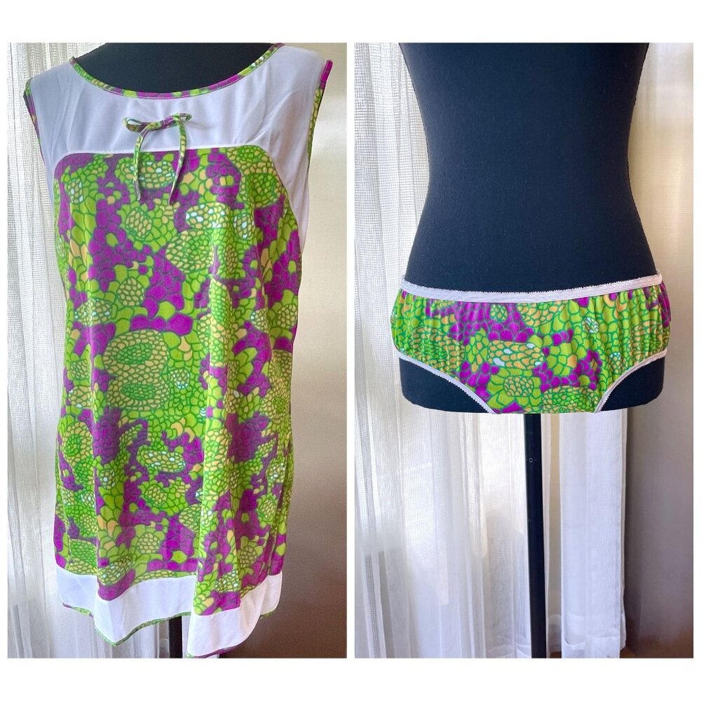 Vintage 70s babydoll set, MOD purple green floral, hip huggers, slip-on top, NOS